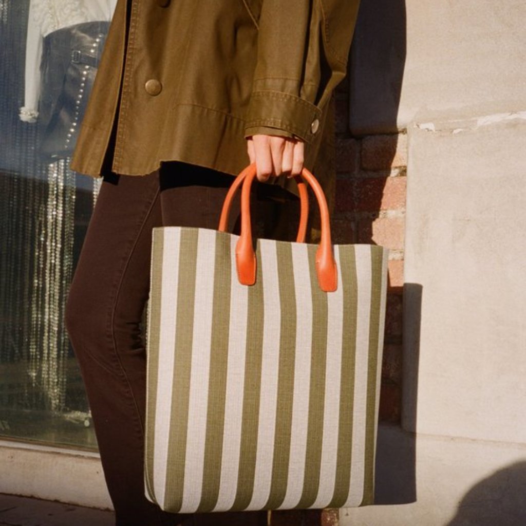 Mansur Gavriel North Tote Moss/White Striped Handbag Box & Dust Bags Orig. $585
